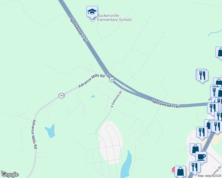 map of restaurants, bars, coffee shops, grocery stores, and more near 21 Ridgemont Road in Ruckersville