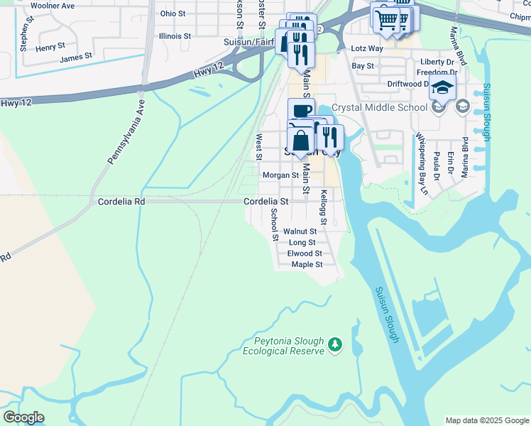 map of restaurants, bars, coffee shops, grocery stores, and more near 1101 Crystal Street in Suisun City
