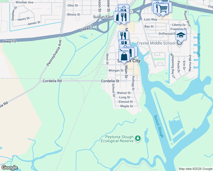 map of restaurants, bars, coffee shops, grocery stores, and more near 1101 Crystal Street in Suisun City