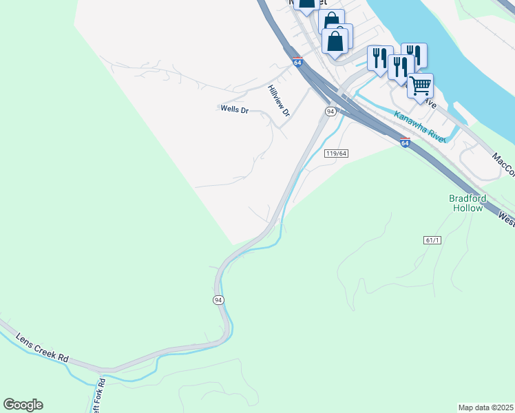 map of restaurants, bars, coffee shops, grocery stores, and more near Sutphin Drive in Marmet