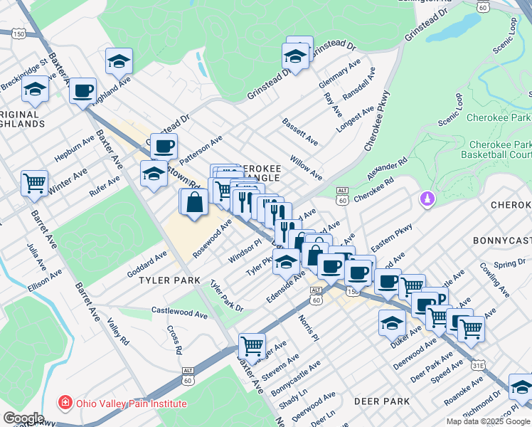map of restaurants, bars, coffee shops, grocery stores, and more near 2017 Cherokee Parkway in Louisville