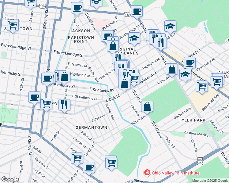 map of restaurants, bars, coffee shops, grocery stores, and more near 1241 East Oak Street in Louisville