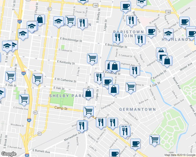 map of restaurants, bars, coffee shops, grocery stores, and more near 1104 Logan Street in Louisville