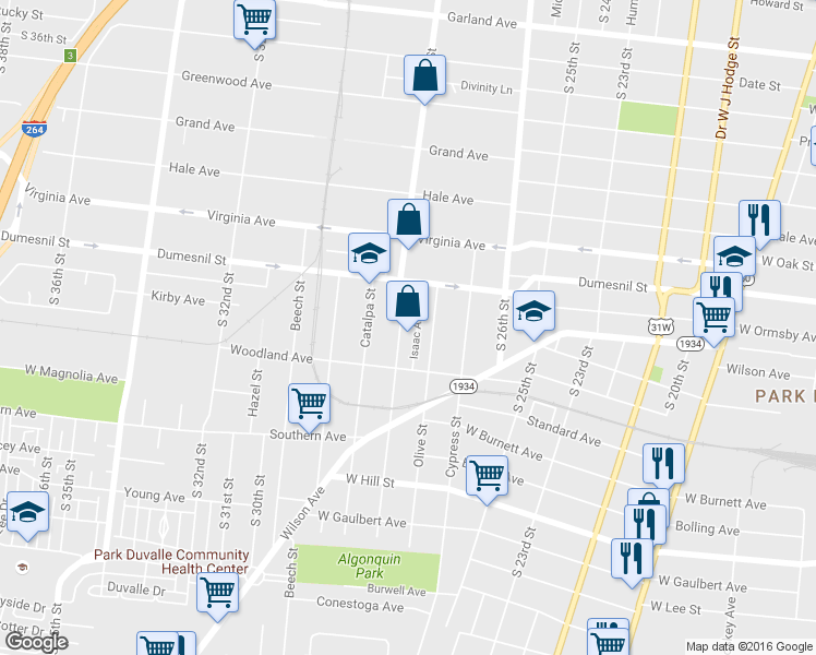 map of restaurants, bars, coffee shops, grocery stores, and more near 1351 Isaac Alley in Louisville