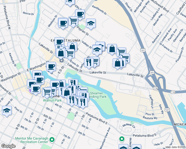 map of restaurants, bars, coffee shops, grocery stores, and more near 412-500 Hopper St in Petaluma