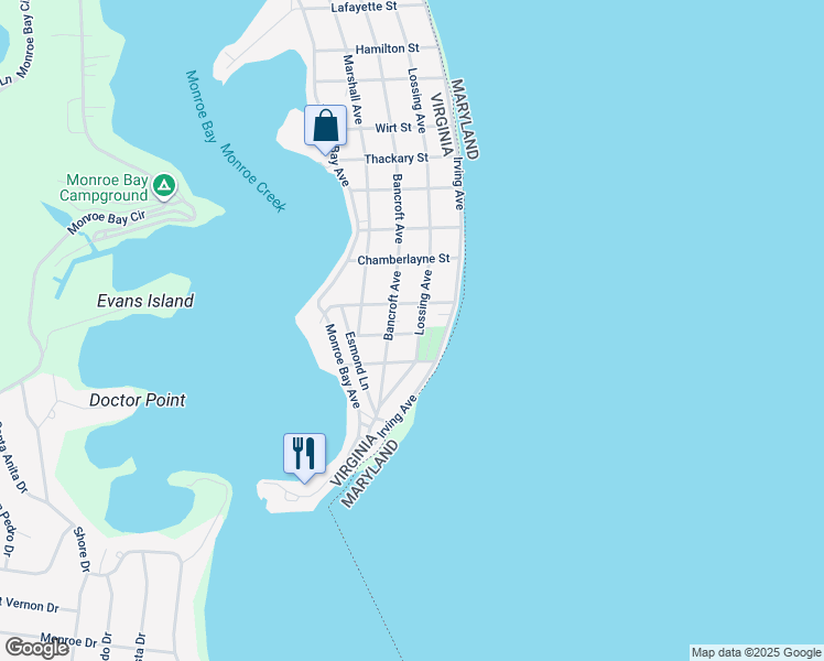 map of restaurants, bars, coffee shops, grocery stores, and more near 1321 Lossing Avenue in Colonial Beach
