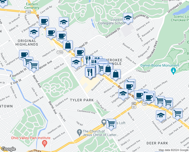 map of restaurants, bars, coffee shops, grocery stores, and more near 1250 Bardstown Road in Louisville