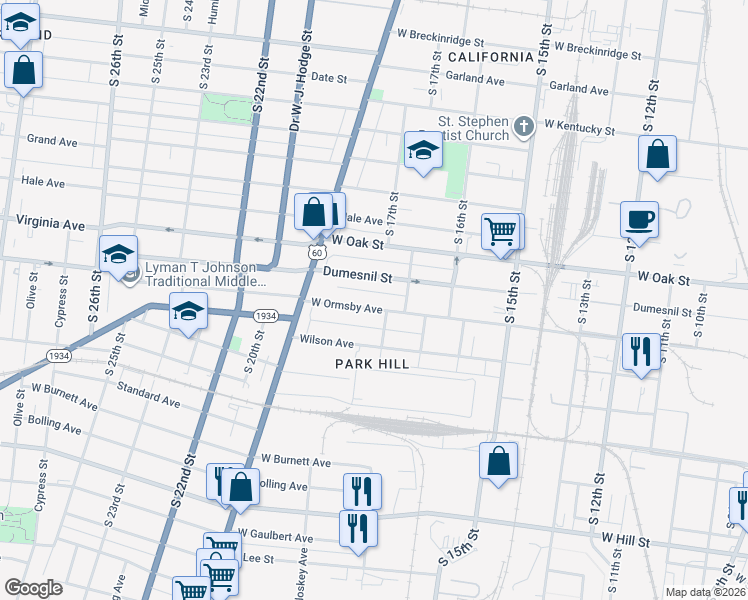 map of restaurants, bars, coffee shops, grocery stores, and more near 1756 West Ormsby Avenue in Louisville