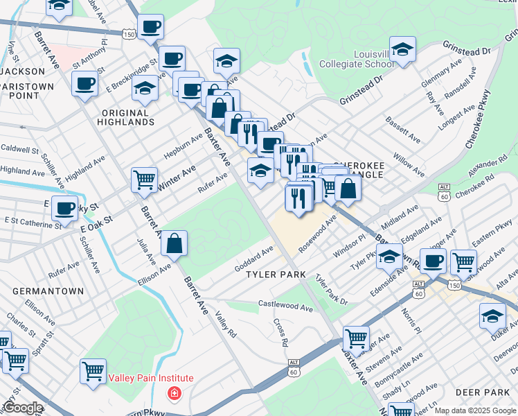 map of restaurants, bars, coffee shops, grocery stores, and more near 1215 Baxter Avenue in Louisville