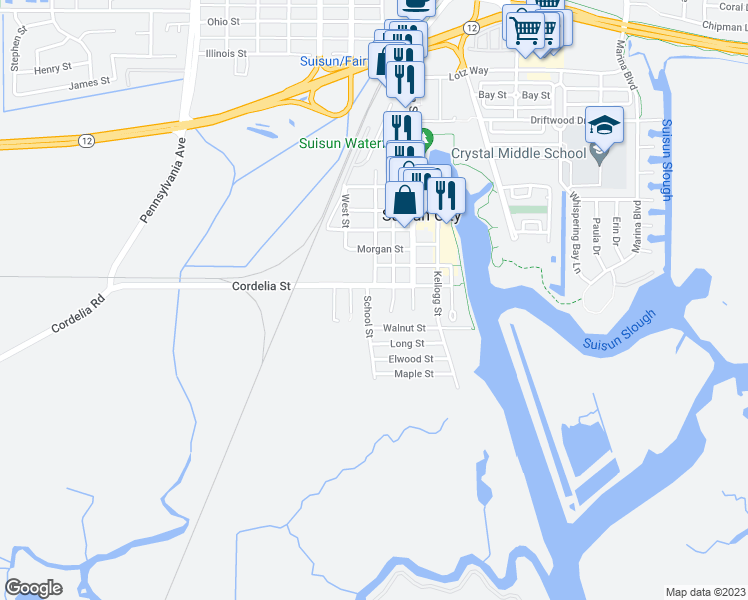 map of restaurants, bars, coffee shops, grocery stores, and more near 1108 School Street in Suisun City