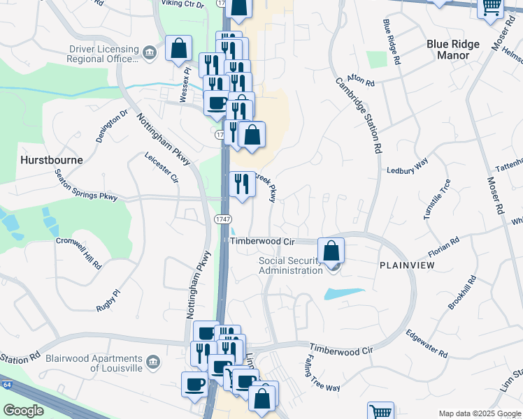 map of restaurants, bars, coffee shops, grocery stores, and more near 806 Stone Creek Parkway in Louisville