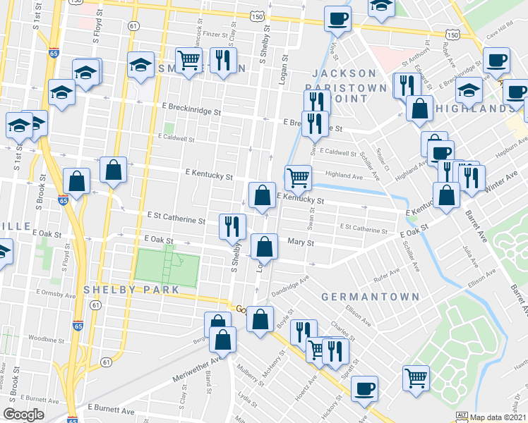 map of restaurants, bars, coffee shops, grocery stores, and more near 1104 Logan Street in Louisville