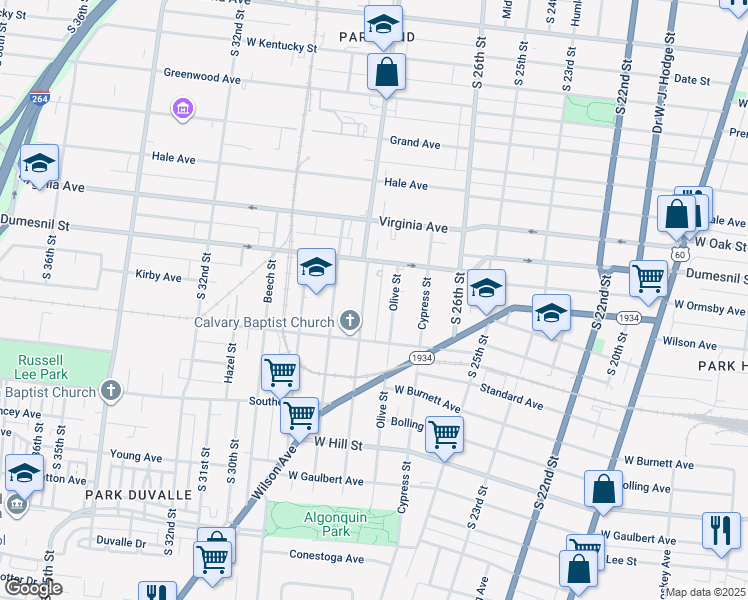 map of restaurants, bars, coffee shops, grocery stores, and more near 1351 Isaac Alley in Louisville