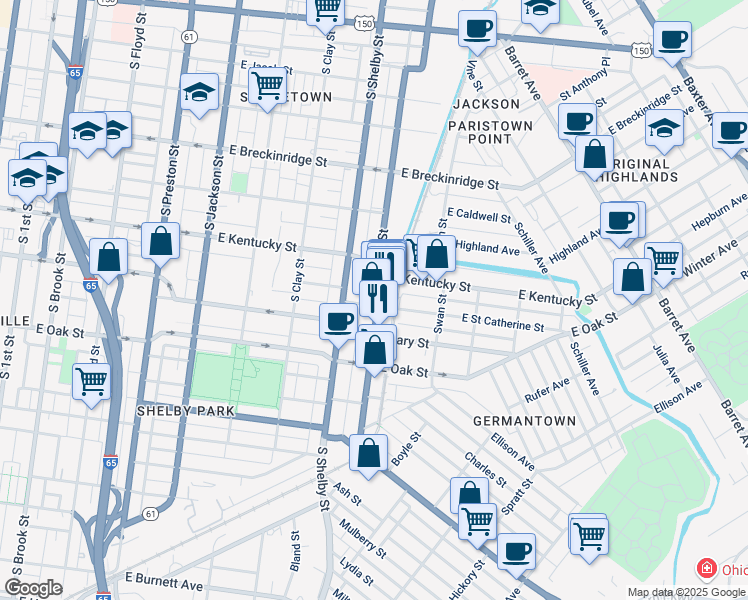 map of restaurants, bars, coffee shops, grocery stores, and more near 1104 Logan Street in Louisville