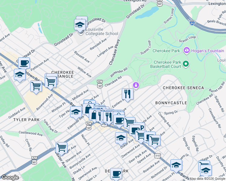 map of restaurants, bars, coffee shops, grocery stores, and more near 2125 Baringer Avenue in Louisville
