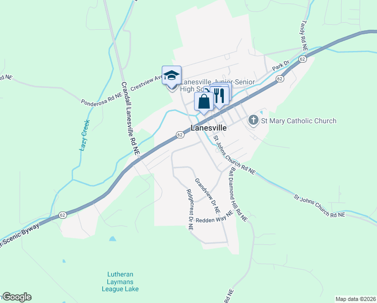 map of restaurants, bars, coffee shops, grocery stores, and more near 7227 Pennington Street Northeast in Lanesville