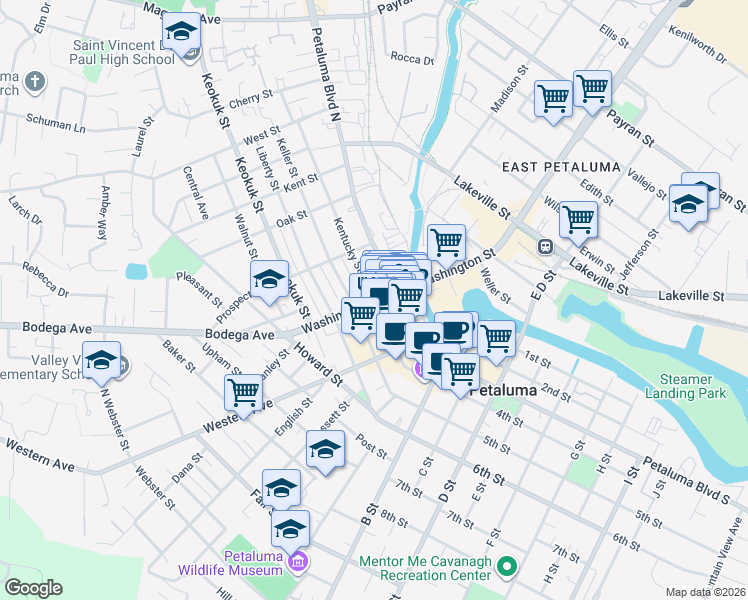 map of restaurants, bars, coffee shops, grocery stores, and more near in Petaluma
