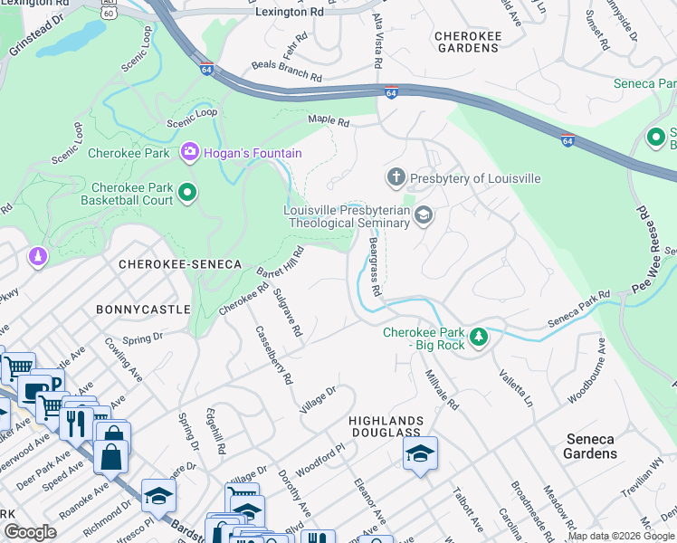 map of restaurants, bars, coffee shops, grocery stores, and more near 2408 Gray Fox Road in Louisville