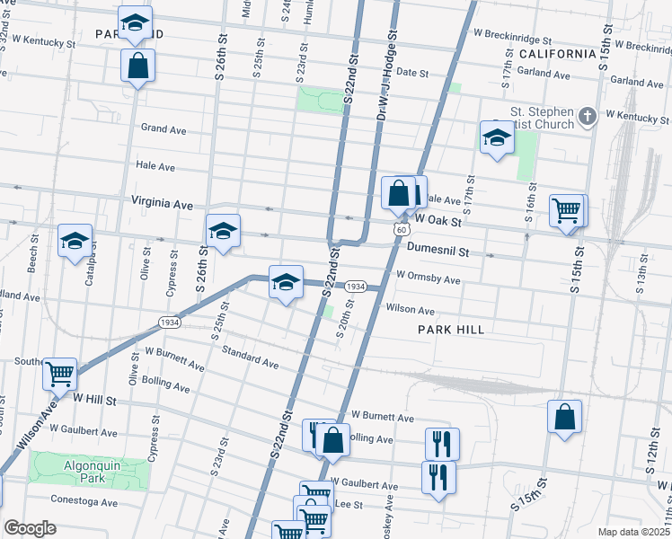 map of restaurants, bars, coffee shops, grocery stores, and more near 2007 Wilson Avenue in Louisville