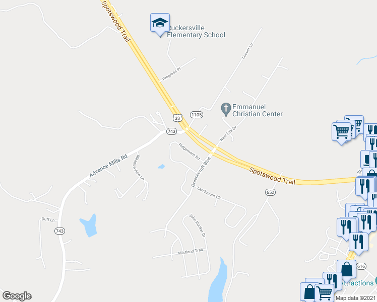 map of restaurants, bars, coffee shops, grocery stores, and more near 1 Ridgemont Road in Ruckersville