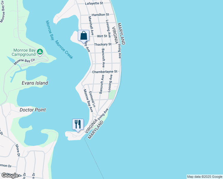 map of restaurants, bars, coffee shops, grocery stores, and more near 1316 Lossing Avenue in Colonial Beach