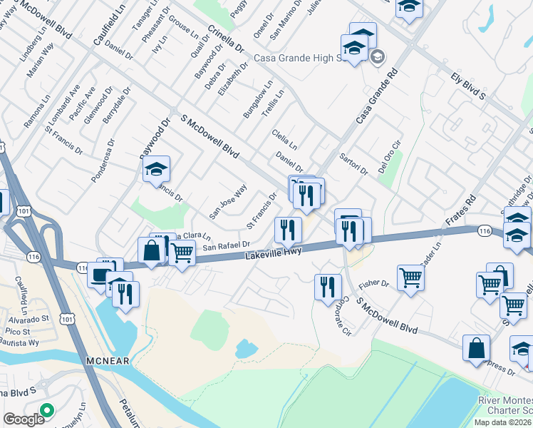 map of restaurants, bars, coffee shops, grocery stores, and more near 1304 San Rafael Drive in Petaluma