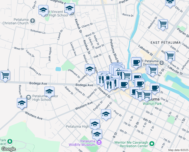 map of restaurants, bars, coffee shops, grocery stores, and more near 200 Walnut Street in Petaluma