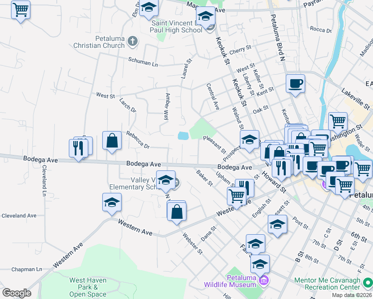 map of restaurants, bars, coffee shops, grocery stores, and more near 2 Wallace Court in Petaluma