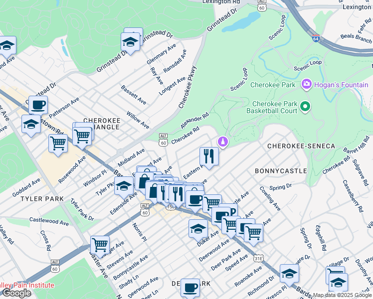 map of restaurants, bars, coffee shops, grocery stores, and more near 2125 Baringer Avenue in Louisville