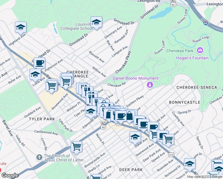 map of restaurants, bars, coffee shops, grocery stores, and more near in Louisville