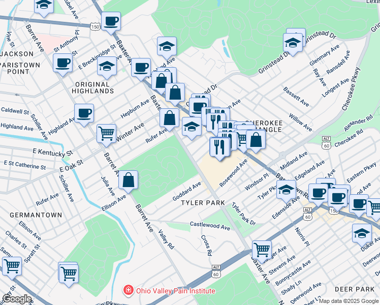map of restaurants, bars, coffee shops, grocery stores, and more near 1215 Baxter Avenue in Louisville