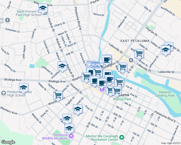 map of restaurants, bars, coffee shops, grocery stores, and more near in Petaluma