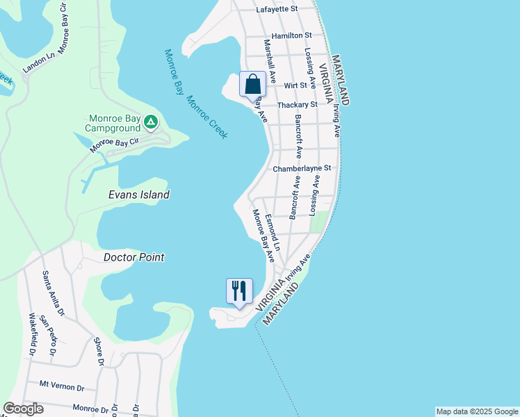 map of restaurants, bars, coffee shops, grocery stores, and more near 1304 Monroe Bay Avenue in Colonial Beach
