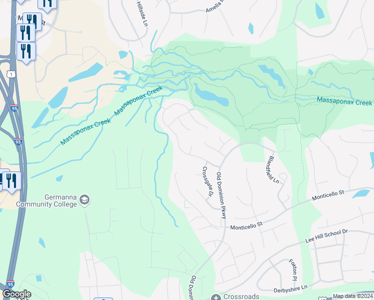 map of restaurants, bars, coffee shops, grocery stores, and more near 4005 State Place in Fredericksburg