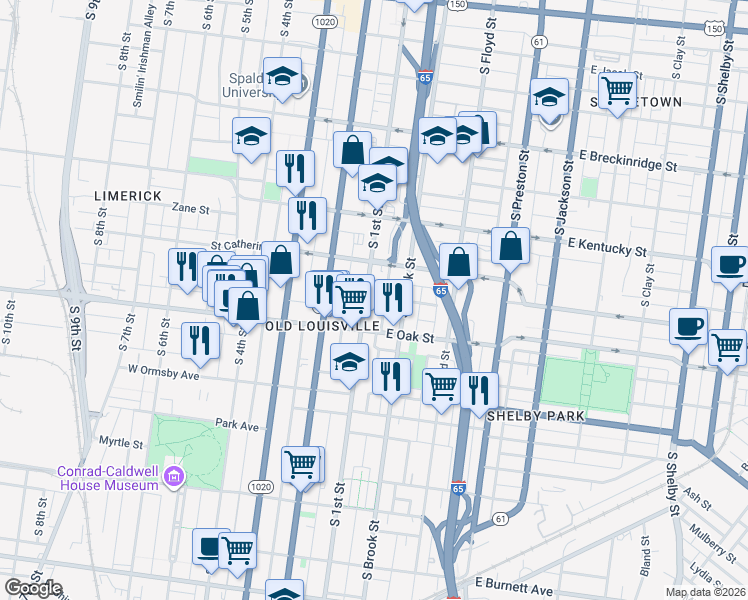 map of restaurants, bars, coffee shops, grocery stores, and more near in Louisville