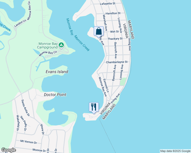 map of restaurants, bars, coffee shops, grocery stores, and more near 1205 Monroe Bay Avenue in Colonial Beach