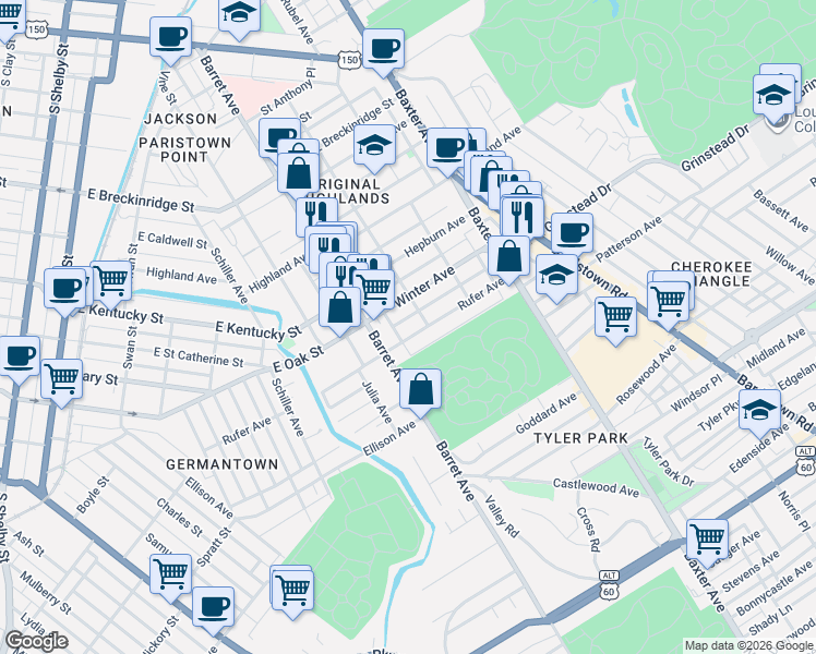 map of restaurants, bars, coffee shops, grocery stores, and more near 1310 Rufer Avenue in Louisville