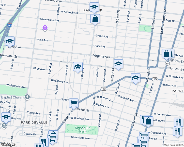 map of restaurants, bars, coffee shops, grocery stores, and more near 1351 Isaac Alley in Louisville