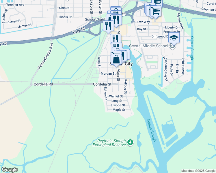 map of restaurants, bars, coffee shops, grocery stores, and more near 1108 Suisun Street in Suisun City