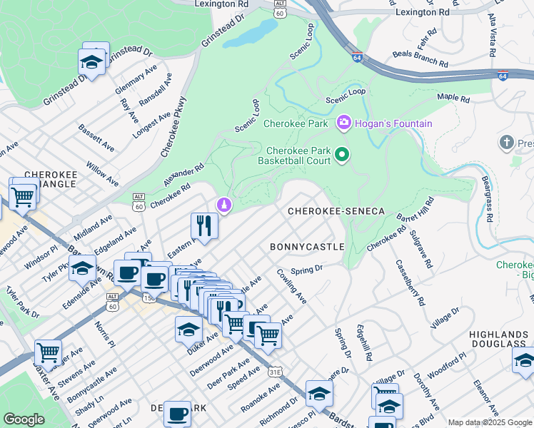 map of restaurants, bars, coffee shops, grocery stores, and more near 2217 Alta Avenue in Louisville