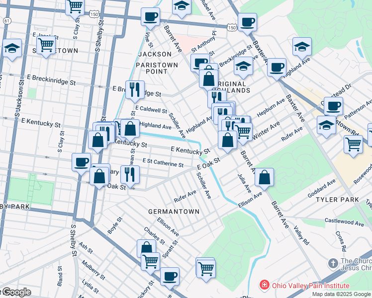 map of restaurants, bars, coffee shops, grocery stores, and more near 1094 East Kentucky Street in Louisville