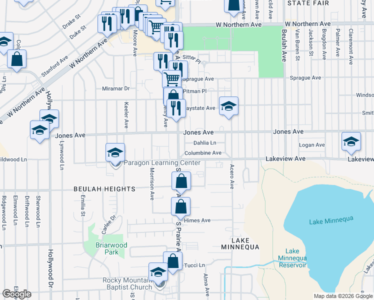 map of restaurants, bars, coffee shops, grocery stores, and more near 2711 Columbine Avenue in Pueblo