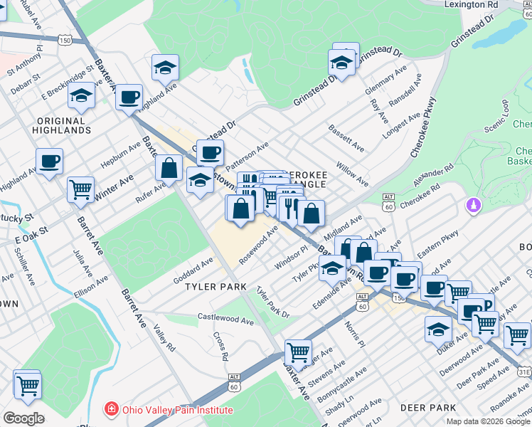 map of restaurants, bars, coffee shops, grocery stores, and more near 1250 Bardstown Road in Louisville
