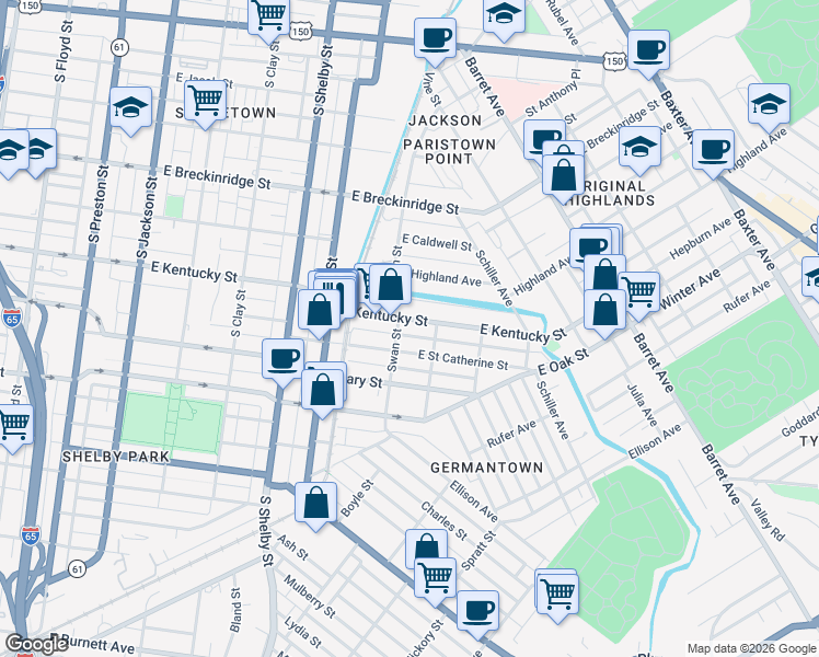 map of restaurants, bars, coffee shops, grocery stores, and more near 951 East Saint Catherine Street in Louisville