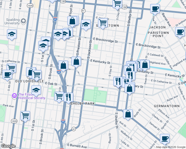 map of restaurants, bars, coffee shops, grocery stores, and more near 528 East Saint Catherine Street in Louisville