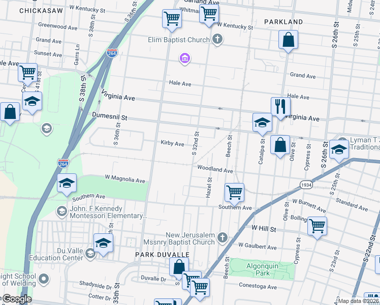 map of restaurants, bars, coffee shops, grocery stores, and more near 3119 Woodland Avenue in Louisville