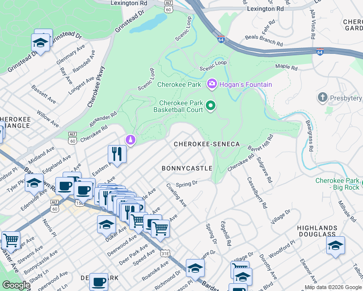map of restaurants, bars, coffee shops, grocery stores, and more near 2300 Alta Avenue in Louisville