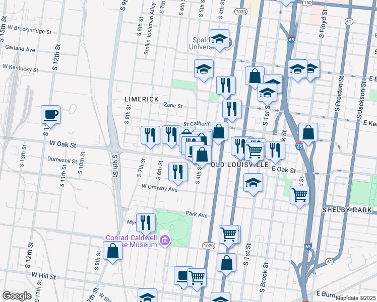 map of restaurants, bars, coffee shops, grocery stores, and more near 412 West Oak Street in Louisville