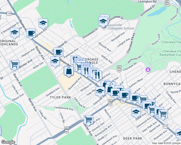 map of restaurants, bars, coffee shops, grocery stores, and more near 1321 U.S. 31E in Louisville
