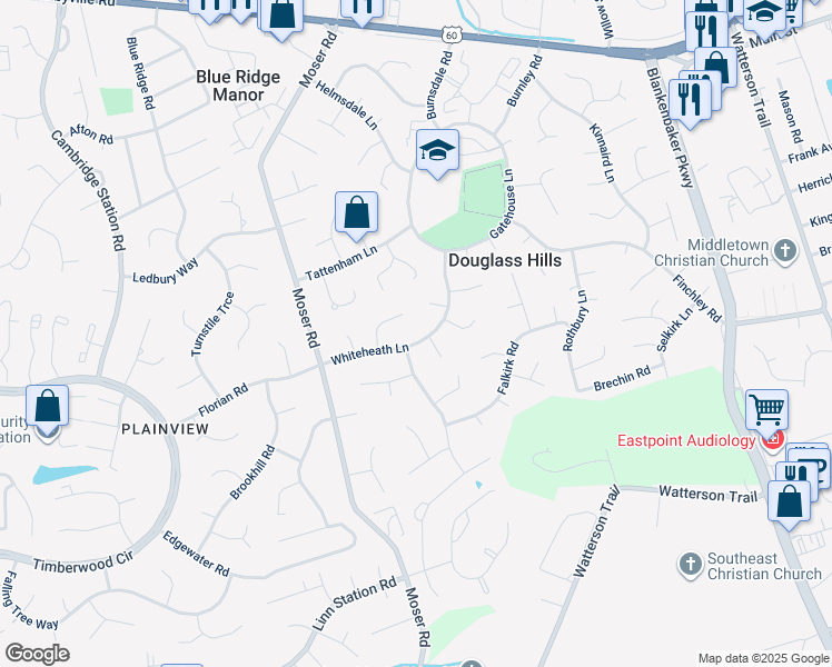 map of restaurants, bars, coffee shops, grocery stores, and more near 420 Whiteheath Lane in Louisville